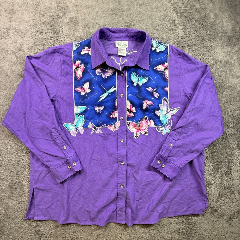Quacker Factory Corduroy Butterfly Button Up Shirt Womens 2XL Purple 100% Cotton